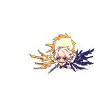  1boy antenna_hair asymmetrical_wings blonde_hair blood blood_on_face bridal_gauntlets cape chibi chibi_only cracked_skin crying crying_with_eyes_open dawnmaker_(honkai:_star_rail) english_commentary full_body gauntlets hair_between_eyes halo halo_behind_head highres holding holding_sword holding_weapon honkai:_star_rail honkai_(series) injury long_hair_between_eyes looking_afar lumin_egret male_focus no_mouth orange_cape orange_eyes pants phainon_(honkai:_star_rail) phainon_(khaslana)_(honkai:_star_rail) purple_pants sad short_hair single_bridal_gauntlet single_gauntlet solo standing sword tears waist_cape weapon wings yellow_halo 