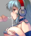  1girl absurdres after_fellatio bikini blue_eyes blue_gloves breasts censored collarbone covered_nipples cum cum_in_mouth cum_on_body cum_on_breasts cum_on_tongue cum_string elbow_gloves erection facial fingers from_side gloves headphones highres huge_breasts lips masao micro_bikini mosaic_censoring open_mouth original penis silver_hair skindentation solo_focus spaghetti_strap strap_gap swimsuit tongue tongue_out wireless 