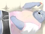  2021 anthro black_nose blue_body blue_fur blush clothing en_1_9 fur humanoid_hands kemono lying male mammal overweight overweight_anthro overweight_male phone shirt solo topwear underwear ursid 