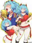  1girl 2026_fifa_world_cup :o animal_with_hair animalization ass blue_eyes blue_hair blush breasts choker cucurella_cat fifa_world_cup_trophy hair_ornament hatsune_miku hatsune_miku_world_cup_custody_battle_(meme) jewelry jk_arts licking long_hair marc_cucurella medal meme midriff navel outstretched_arm red_nails ring smile soccer_uniform spain spanish_miku spanish_national_soccer_team_uniform sportswear vocaloid wavy_hair world_cup 