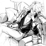  1boy abs alcohol alternate_costume antenna_hair aowood025 belt bottle brooch clenched_hand collarbone commentary_request couch crossed_legs feet_out_of_frame gem hair_between_eyes hand_on_own_chin hand_up highres honkai:_star_rail honkai_(series) ice ice_cube jacket jewelry lamp lapels long_hair_between_eyes long_sleeves looking_at_viewer male_focus monochrome muscular muscular_male necklace open_clothes open_jacket pants pectorals phainon_(honkai:_star_rail) phainon_(khaslana)_(honkai:_star_rail) pillow pocket ring shirt short_hair simple_background sitting solo sparkle spot_color table teeth watch whiskey wristwatch yellow_eyes 