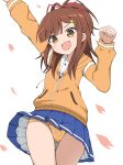  1girl absurdres arm_up blue_skirt brown_eyes brown_hair clenched_hand clothes_lift commentary_request hair_ribbon hand_up high_school_fleet highres irizaki_mei jacket long_hair long_sleeves looking_at_viewer midorima_bocchi miniskirt open_mouth orange_jacket orange_panties panties pantyshot partially_unzipped petticoat pink_ribbon pleated_skirt ribbon school_uniform shirt simple_background skirt skirt_lift smile solo thigh_gap underwear white_background white_shirt wide_ponytail wind wind_lift 