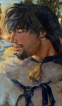  1boy aquiline_nose black_cape black_hair blue_ribbon cape closed_eyes commentary english_commentary headshot highres hood hood_up hooded_cape male_focus nose oil_painting_(medium) olruggio_(tongari_boushi_no_atelier) open_mouth outdoors painting_(medium) portrait ribbon solo sun tassel tongari_boushi_no_atelier traditional_media tree water wietseria 