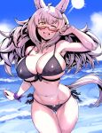  1girl absurdres animal_ears bare_shoulders bikini biwa_hayahide_(umamusume) black_bikini blue_sky blush breasts cleavage glasses highres horse_ears horse_girl horse_tail large_breasts long_hair looking_at_viewer minew navel one_eye_closed open_mouth red-framed_eyewear sky smile solo swimsuit tail umamusume white_hair yellow_eyes 