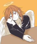  1boy androgynous angel angel_devil_(chainsaw_man) angel_wings black_jacket chainsaw_man collarbone commentary crew_neck hair_behind_ear hair_between_eyes halo hand_on_own_shoulder highres jacket layered_sleeves long_hair looking_at_viewer male_focus red_eyes red_hair shirt sitting solo suit_jacket table tiehsienco untranslatable_commentary white_shirt white_wings wings 