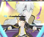  2boys arm_strap armor belt black_gloves black_jacket black_pants black_shirt blue_eyes caelus_(honkai:_star_rail) chain collarbone confetti covered_eyes cowboy_shot crossed_bangs empty_eyes english_text fingerless_gloves fingernails gameplay_mechanics gloves glowstick grey_belt grey_hair hair_between_eyes hands_up helmet highres holding holding_glowstick honkai:_star_rail honkai_(series) hood hooded_jacket horns jacket lapels long_sleeves looking_at_another male_focus multiple_boys open_clothes open_jacket pants penlight_(glowstick) phainon_(honkai:_star_rail) pocket_watch riicadioo screen shirt short_hair shoulder_armor stage stage_lights standing sun_symbol surprised t-shirt trailblazer_(honkai:_star_rail) two-sided_fabric two-sided_jacket watch white_hair white_shirt wide-eyed yellow_jacket 