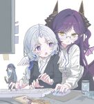  3girls ayatsuno_yuni baek5shipwon black_horns black_jacket blue_hair blush can closed_mouth commentary_request computer_keyboard computer_mouse dot_nose dragon_girl dragon_horns dragon_wings drink_can fang fang_out feathered_wings front-to-back gangzi_(vtuber) glasses grey_hair hair_intakes highres horns jacket korean_commentary lanyard layered_sleeves long_hair long_sleeves looking_at_another looking_over_eyewear looking_to_the_side mini_wings monitor multiple_girls office_lady orange_eyes parted_bangs pointy_ears purple_eyes purple_hair purple_nails purple_tail purple_wings rectangular_eyewear sakihane_huya shirt single_horn slit_pupils smile star-shaped_pupils star_(symbol) stellive sticky_note straight_hair symbol-shaped_pupils turning_head typing virtual_youtuber white_shirt white_wings wings yellow_eyes yuri 