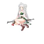  1girl 43m_(girls_frontline) ahoge ass bow braid braided_bun breasts cleavage danuvia_43m dress flower girls_frontline green_dress green_eyes gun hungarian_clothes hungarian_flag medium_breasts red_bow sitting submachine_gun tamaxi torn_clothes twintails weapon white_hair 