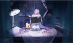  1girl absurdres anchor_print azur_lane blush breast_press breasts closed_eyes closed_mouth collarbone game_asset ganj-i-sawai_(azur_lane) ganj-i-sawai_(my_innermost_self)_(azur_lane) gradient_hair grin hair_spread_out highres indoors intravenous_drip kneeling large_breasts long_hair long_sleeves looking_at_viewer manjuu_(azur_lane) multicolored_hair navel non-web_source official_art open_mouth parted_bangs pink_hair purple_eyes purple_hair self-datamine shirt smile solo stomach surgical_light syringe tongue very_long_hair white_shirt x-ray 