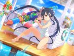  1girl animal_ears barefoot beach_house black_hair blunt_bangs blush bow breasts cat_ears cat_girl cat_tail eyepatch flat_chest flower frilled_bow frills game_asset grin hair_bow hibiscus holding holding_water_gun lifebuoy long_hair looking_at_viewer mirai_(senran_kagura) mitsudomoe_(shape) official_alternate_costume official_alternate_hairstyle official_art one-piece_swimsuit open_mouth pink_bow pink_flower plant potted_plant red_eyes red_flower senran_kagura senran_kagura_new_link senran_kagura_peach_beach_splash shiny_skin smile solo splashing swim_ring swimsuit tail taking_cover tomoe_(symbol) twintails water water_gun wet white_one-piece_swimsuit yellow_flower 