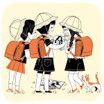  3girls backpack bag black_hair blush braid cat commentary_request fishnet_pantyhose fishnets glasses grass hat magazine_(object) multiple_girls original pantyhose photoshop_(medium) pornography randoseru revision school_hat shorts surprised tajima_naoto thighhighs tiptoes twin_braids 