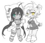  2girls :3 :d ;3 alternate_hairstyle animal_ear_headwear babydoll beads black_hair bow bow_panties boyshort_panties bracelet breasts chibi chibi_only cleavage dark-skinned_female dark_skin fang fluffy_clothes green_eyes greyscale hair_beads hair_between_eyes hair_ornament hair_tie hairclip hmhebijo homura_(senran_kagura) jacket jewelry large_breasts long_hair low_twintails miyabi_(senran_kagura) monochrome multiple_girls navel one_eye_closed open_mouth pajamas panties senran_kagura senran_kagura_new_link simple_background single_thighhigh slit_pupils smile spot_color striped_clothes striped_thighhighs tan tank_top thighhighs twintails underwear white_background white_hair white_jacket yellow_eyes 