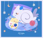  :d berry_(pokemon) black_eyes blue_background closed_eyes closed_mouth commentary crescent highres next_pluto no_humans open_mouth oran_berry pillow pokemon pokemon_(creature) pokemon_focus sitting sleeping smile solid_oval_eyes star_(symbol) togekiss togepi yarn yarn_ball zzz 