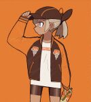  1girl alternate_costume bangs baseball_cap bea_(pokemon) bike_shorts blonde_hair brown_headwear commentary_request cup dark_skin dark_skinned_female disposable_cup drinking_straw grey_eyes hand_on_headwear hat highres holding jacket liquid long_sleeves looking_to_the_side open_clothes open_jacket orange_background pokemon pokemon_(game) pokemon_swsh ponytail rudosan shirt solo white_shirt 