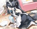  1girl apron aqua_halo aqua_ribbon aris_(blue_archive) aris_(maid)_(blue_archive) black_dress black_hair black_wrist_cuffs blue_archive blue_eyes bucket bucket_of_water chinese_commentary cleaning cleaning_rag commentary_request dress frilled_apron frills halo helic_(7317helic) highres indoors long_hair maid maid_apron maid_headdress official_alternate_costume open_mouth pantyhose ponytail rectangular_halo ribbon robotic_vacuum_cleaner short_sleeves solo very_long_hair white_apron white_pantyhose wiping wrist_cuffs 