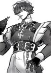  1boy apron black_dress black_gloves candy chain chest_harness commentary_request crossdressing crossdressing_(mtf) dress enmaided finger_heart food food_in_mouth gloves greyscale hair_over_one_eye hand_up harness heart highres lighter_(zenless_zone_zero) lollipop lollipop_in_mouth looking_at_viewer maid maid_headdress male_focus male_maid monochrome short_hair simple_background solo tubura0000 waist_apron white_apron white_background zenless_zone_zero 