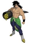  1boy :/ abs bara black_eyes black_hair blue_legwear boots broly_(dragon_ball_super) bulge carrying carrying_under_arm dark_skin dark_skinned_male dragon_ball dragon_ball_super dragon_ball_super_broly frown full_body highres holding holding_clothes jewelry large_pectorals legs_apart long_hair looking_away male_focus medium_hair muscular muscular_male navel neck_ring nipples no_nipples pants pectorals scar scar_on_chest shirtless simple_background skin_tight solo spiked_hair stomach thighs tight tight_pants torawar veins white_background white_footwear wristband 