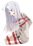  1girl absurdres ahoge arms_behind_back bdsm black_skirt blue_eyes bondage bound braid breasts cailin020 collarbone commentary_request elaina_(majo_no_tabitabi) gag gagged grey_hair hair_between_eyes highres majo_no_tabitabi restrained shibari simple_background skirt small_breasts solo thighs white_background 