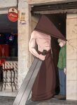  2boys abs bara biceps closed_mouth cross_scar ecclesia_feriae english_commentary going_to_colombia_for_the_food_and_culture_(meme) highres holding holding_weapon james_sunderland looking_at_another male_focus meme multiple_boys muscular muscular_male navel pectorals photo_background pyramid_head scar scar_on_stomach silent_hill_(series) silent_hill_2 topless_male weapon 