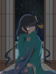  1girl absurdres black_hair blunt_bangs blush commentary_request covered_mouth covering_own_mouth embarrassed eyelashes_through_hair floral_print floral_print_kimono green_kimono hair_ornament hand_over_own_mouth highres japanese_clothes kimono long_hair long_sleeves looking_at_viewer low_twintails obi original print_kimono sash seiza shakugetsu_rk shouji sidelocks sitting sliding_doors snowing solo twintails white_eyes wide_sleeves wooden_floor 