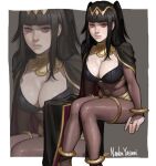  1girl anklet arm_support artist_name black_background black_cape black_hair blunt_bangs blush bodystocking border bracelet breasts bridal_gauntlets cape circlet cleavage closed_mouth commentary covered_navel english_commentary fire_emblem fire_emblem_awakening gold_anklet highres jewelry large_breasts long_hair looking_at_viewer nanbu_yasumi outside_border pale_skin purple_eyes sitting solo tharja_(fire_emblem) thighlet tiara two_side_up white_border 