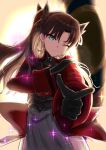  1girl absurdres black_gloves black_hair black_shirt breasts commentary earrings fate/stay_night fate/unlimited_blade_works fate_(series) gem gloves heavenly_boat_maanna hertathemadam highres honkai:_star_rail honkai_(series) hoop_earrings jacket jewelry long_hair looking_at_viewer pendant red_gem red_jacket rin's_pendant_(fate) shirt skirt smile solo tohsaka_rin tohsaka_rin_(honkai:_star_rail) twintails two_side_up white_skirt 