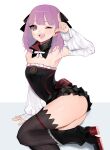  1girl absurdres ass bangs bare_shoulders black_dress black_footwear black_legwear blush boots breasts detached_collar dress fate/grand_order fate_(series) helena_blavatsky_(fate) high_heel_boots high_heels highres knee_boots long_sleeves looking_at_viewer one_eye_closed open_mouth purple_eyes purple_hair re_(scd6) short_dress short_hair small_breasts smile thighhighs thighs 