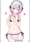  absurdres arm_cuffs bare_shoulders bikini black_bikini collar commentary_request cowboy_shot detached_collar four-finger_heart_hands frilled_thigh_strap gradient_hair hair_ornament hair_ribbon headdress heart heart_hands highres icedream looking_at_viewer mahou_shoujo_no_majo_saiban maid maid_bikini micro_bikini multicolored_hair navel neck_ribbon pelvic_curtain pink_eyes pink_hair ribbon sakuraba_ema short_hair simple_background strich swimsuit thigh_strap tongue tongue_out unconventional_maid white-framed_eyewear white_background white_collar white_hair white_headdress x_hair_ornament 
