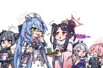 5girls bandaid bandaid_on_face black_hair blue_archive blue_hair braid chinese_clothes commentary_request cup double_bun dress drink_carton drinking_straw eating first_aid_kit food fuuka_(blue_archive) fuuka_(new_year)_(blue_archive) green_eyes grey_eyes grey_hair hair_bun halo hat hihachi hina_(blue_archive) hina_(dress)_(blue_archive) horns hoshino_(armed)_(blue_archive) hoshino_(blue_archive) injury japanese_clothes kimono kisaki_(blue_archive) licking licking_finger licking_own_finger long_hair mine_(blue_archive) multiple_girls nurse_cap official_alternate_costume official_alternate_hairstyle onigiri pink_hair pink_kimono pointy_ears purple_dress purple_eyes qipao red_eyes twin_braids white_dress white_hair yunomi 