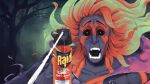  1boy bare_tree black_sclera collarbone colored_sclera colored_skin fingernails green_hair hades_(kid_icarus) highres holding holding_spray_can kid_icarus kid_icarus_uprising long_fingernails looking_at_viewer lunarjaguar male_focus meme multicolored_hair open_mouth pit_(kid_icarus) purple_skin raid_(insecticide) red_hair sharp_fingernails solo spray_can tree two-tone_hair upper_body victor_van_dort_spraying_raid_and_screaming_(meme) 