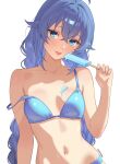  1girl :p bikini blue_bikini blue_eyes blue_hair braid braided_twintails breasts closed_mouth collarbone commentary crossed_bangs double-parted_bangs food food_on_body hair_between_eyes head_tilt highres holding holding_food holding_popsicle long_bangs long_hair looking_at_viewer melting_popsicle mushoku_tensei popsicle roxy_migurdia simple_background small_breasts smile solo steklowataa strap_slip swimsuit tongue tongue_out twin_braids upper_body white_background 