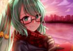  .live 1girl absurdres bell black_jacket blush brown-framed_eyewear cityscape cloud cloudy_sky commentary_request condensation_trail eyebrows_visible_through_hair glasses gloves green_eyes green_hair grin gyo_hasu hair_between_eyes hair_ribbon highres jacket kagura_suzu_(.live) lake long_hair looking_at_viewer plaid plaid_scarf purple_sky red_ribbon red_scarf ribbon scarf semi-rimless_eyewear side_ponytail sky smile solo sunlight sunset teeth under-rim_eyewear valentine virtual_youtuber 