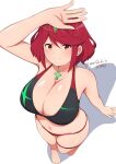  1girl absurdres barefoot bikini black_bikini breasts chest_jewel cleavage commentary_request dated feet from_above full_body highres huge_breasts masakin pyra_(xenoblade) red_bikini red_eyes red_hair short_hair simple_background skindentation solo swimsuit tiara toenails toes twitter_username white_background xenoblade_chronicles_(series) xenoblade_chronicles_2 