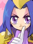  1boy ace_(playing_card) ace_of_spades androgynous card coat earrings facing_viewer gloves index_finger_raised jewelry kaitou_joker kaitou_spade long_hair looking_at_viewer male_focus oekaki parted_bangs pink_background playing_card portrait purple_eyes purple_hair simple_background solo spade_(shape) tegaki uta._(tegaki_423131) white_gloves 
