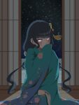  1girl absurdres black_hair blunt_bangs blurry blurry_background blush commentary_request covered_mouth covering_own_mouth depth_of_field embarrassed eyelashes_through_hair floral_print floral_print_kimono green_kimono hair_ornament hand_over_own_mouth highres japanese_clothes kimono long_hair long_sleeves looking_at_viewer low_twintails obi original print_kimono sash seiza shakugetsu_rk shouji sidelocks sitting sliding_doors snowing solo twintails white_eyes wide_sleeves wooden_floor 