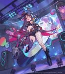  1girl 2026 ahoge asymmetrical_legwear black_boots black_gloves black_hat black_shirt black_shorts boots bracelet brown_hair collar commentary_request concert copyright_notice crop_top dapiko_(duel_masters) detached_sleeves duel_masters duel_masters_play's finger_gun fingerless_gloves fishnet_pantyhose fishnets from_below gloves hat highres holding holding_microphone holding_scythe huge_ahoge idol_clothes jewelry long_hair microphone midriff mini_hat mini_top_hat mismatched_legwear multicolored_hair navel official_art open_mouth pantyhose purple_thighhighs red_hair screen_zoom scythe shirt shorts so-taro solo speaker spiked_bracelet spiked_collar spikes teeth thighhighs top_hat upper_teeth_only 