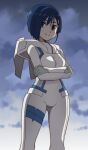  1girl arms_under_breasts ass_visible_through_thighs asymmetrical_hair backlighting bangs blue_hair bob_cut bodysuit breasts cloud cloudy_sky commentary cowboy_shot crossed_arms darling_in_the_franxx green_eyes hair_between_eyes hair_ornament hair_over_one_eye hairclip ichigo_(darling_in_the_franxx) looking_at_viewer medium_breasts onomekaman pilot_suit short_hair skin_tight sky smile solo standing tearing_up tears thigh_gap uniform white_bodysuit 