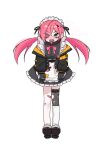  1girl apron bandaid bandaid_on_leg black_gloves black_jacket black_survival blush commentary_request enmaided eternal_return:_black_survival eyes_visible_through_hair fang fishnet_thighhighs fishnets full_body gloves green_eyes highres jacket korean_commentary long_hair looking_at_viewer low_twintails maid maid_apron maid_headdress mirka_(black_survival) open_mouth pink_hair single_thighhigh solo thighhighs twintails y_cms1 