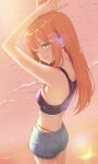  1girl ;) absurdres arms_up beach blue_sports_bra breasts commentary_request denim denim_skirt fingernails gakuen_idolmaster green_eyes hair_ornament hairclip highres idolmaster koukashita looking_at_viewer looking_to_the_side median_furrow medium_breasts mole mole_under_eye nail_polish one_eye_closed orange_hair outdoors parallel_hairclips shiun_sumika sideboob skirt smile solo sports_bra 