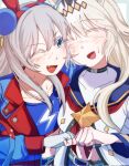  2girls ahoge animal_ears blue_eyes blue_hairband blue_jacket blue_sailor_collar blue_skirt blue_sports_bra blush breasts brooch closed_eyes collarbone commentary_request corrupted_twitter_file dog_for_amami ear_covers ear_ornament fang fingerless_gloves fist_bump gloves grey_hair hair_between_eyes hairband headband highres horse_ears horse_girl jacket jewelry korean_commentary lightning_bolt_print lightning_bolt_symbol long_hair long_sleeves medium_breasts multicolored_hair multicolored_hairband multiple_girls neckerchief oguri_cap_(starlight_beat)_(umamusume) oguri_cap_(umamusume) one_eye_closed open_mouth red_neckerchief sailor_collar shirt skirt small_breasts smile sports_bra star_brooch striped_clothes striped_hairband tamamo_cross_(fast_as_lightning)_(umamusume) tamamo_cross_(umamusume) two-tone_hairband umamusume white_gloves white_jacket white_shirt 