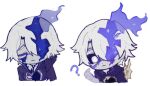  1boy :< ? arm_behind_head arm_up armor black_cape black_robe black_sclera blue_fire bright_pupils cape chibi chibi_only closed_eyes closed_mouth colored_sclera commentary cracked_skin english_commentary fire gauntlets grey_eyes hair_between_eyes honkai:_star_rail honkai_(series) hooded_robe hoyolab_sticker_redraw long_sleeves looking_at_viewer male_focus multiple_views pale_skin phainon_(flame_reaver)_(honkai:_star_rail) phainon_(honkai:_star_rail) phnous purple_fire robe shirt short_hair shoulder_armor simple_background sparkle upper_body white_background white_hair white_pupils white_shirt 