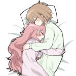  2girls arm_around_another's_waist brown_hair closed_eyes commentary_request hand_on_another's_head hug kagari_mimi kimi_ga_shinu_made_koi_wo_shitai korean_commentary long_hair long_sleeves lying multiple_girls on_side pajamas pillow pink_hair sayongsa short_hair sleeping totsuki_shiina very_long_hair yuri 