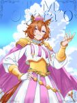  1girl absurdres animal_ears armor blue_sky breasts cape character_name cloud crown fingerless_gloves gloves gold_corset grin hair_between_eyes highres horse_ears horse_girl horse_tail ink_black jewelry long_sleeves looking_at_viewer mini_crown multiple_rings open_mouth orange_hair orange_tail pink_cape pink_crown purple_eyes ring shirt short_hair shoulder_armor single_fingerless_glove skirt sky smile solo t.m._opera_o_(o_sole_suo!)_(umamusume) t.m._opera_o_(umamusume) tail teeth two-tone_skirt umamusume white_shirt 