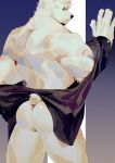  1boy animal_ears ass ass_focus bara bare_back brown_eyes dog_boy dog_ears dog_tail from_behind furry highres jacket male_focus muscular muscular_male naked_jacket nude original seato-hao short_hair solo tail thick_thighs thighs white_fur white_hair 