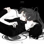  1boy 1girl 2023 artist_name black_background black_eyes black_hair black_shirt blunt_bangs breasts character_request dated dnpqxnsdtd earrings fingernails floating_hair from_side girl_on_top glint grey_nails grin hair_flowing_over hand_on_another's_back head_on_chest hetero highres hoop_earrings jewelry long_hair long_sleeves looking_at_viewer loose_hair_strand multicolored_eyes multiple_earrings multiple_rings nail_polish pale_skin pink_lips red_eyes red_fox_(manhwa) red_pupils ring shirt short_hair simple_background sleeves_past_wrists small_breasts smile stud_earrings symbol-shaped_pupils tsurime turning_head turtleneck two-tone_background two-tone_eyes upper_body white_background white_eyes white_shirt x-shaped_pupils 