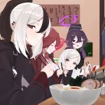 4girls absurdres aru_(blue_archive) black_hair black_hoodie black_horns blue_archive chopsticks closed_eyes collared_shirt commentary demon_girl earclip food gangjeong garrison_cap gun h&amp;k_p30 hair_ornament hairclip halo handgun haruka_(blue_archive) hat highres holding holding_chopsticks holding_spoon holster holstered hood hoodie horns indoors kayoko_(blue_archive) korean_commentary long_hair multicolored_hair multiple_girls mutsuki_(blue_archive) neck_ribbon noodles open_mouth ponytail problem_solver_68_(blue_archive) purple_hair purple_halo purple_hat ramen red_eyes red_hair red_halo red_ribbon restaurant ribbon saliva shirt shoulder_holster side_ponytail spoon tongue tongue_out two-tone_hair weapon white_hair white_shirt 
