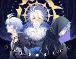  3boys 70_70000 amphoreus_(honkai:_star_rail) antenna_hair armor belt black_belt black_cape black_choker black_robe black_shirt blonde_hair blood blood_from_eyes blue_cape blue_eyes blue_hair cape chest_belt choker chrysos_heirs_(honkai:_star_rail) closed_mouth coat collarbone colored_blood commentary constellation cracked_skin crying crying_with_eyes_open diamond-shaped_pupils diamond_(shape) fingernails from_side gauntlets grey_hair hair_between_eyes hair_over_one_eye halo halo_behind_head hands_up highres honkai:_star_rail honkai_(series) hooded_robe infinity_symbol long_hair_between_eyes long_sleeves looking_at_object looking_at_viewer looking_down looking_to_the_side male_focus moon_phases multiple_boys multiple_persona neck_tattoo pale_skin phainon_(flame_reaver)_(honkai:_star_rail) phainon_(honkai:_star_rail) phainon_(khaslana)_(honkai:_star_rail) robe sad shirt short_hair shoulder_armor single_gauntlet star_(sky) starry_sky_background sun_symbol sun_tattoo symbol-shaped_pupils tattoo tears teeth upper_body white_coat yellow_blood yellow_eyes yellow_halo 