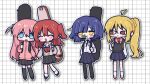  4girls ^_^ absurdres ahoge black_pantyhose black_skirt black_sweater_vest black_thighhighs blue_eyes blue_hair bocchi_the_rock! bow bowtie closed_eyes commentary_request food_in_mouth gotoh_hitori grey_skirt grid_background guitar_case highres holding_hands holding_strap ijichi_nijika instrument_case jacket kita_ikuyo long_hair long_sleeves miniskirt mole mole_under_eye multiple_girls neck_ribbon one_side_up open_mouth pantyhose pink_hair pink_jacket pleated_skirt red_bow red_bowtie red_hair ribbon school_uniform shirt side_ponytail sideways_glance skirt smile socks sweater_vest thighhighs white_background white_shirt white_socks yamada_ryo yellow_eyes yeolomang yuri 