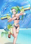  beach bikini blue_sky blush breasts commentary day green_eyes green_hair happy_birthday highres hokuro._(ho_5822) holding holding_water_gun horns long_hair looking_at_viewer macross macross_delta macross_delta:_zettai_live!!!!!! ocean open_mouth outdoors pointy_ears ponytail single_horn sky smile swimsuit teeth water water_gun wet yami_q_ray yami_reina 