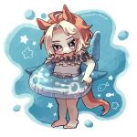  1girl aged_down ahoge animal_ears artist_name barefoot blush child colored_bangs commentary_request curtained_hair eyes_visible_through_hair frilled_one-piece_swimsuit frills full_body grey_one-piece_swimsuit highres horse_ears horse_girl horse_tail innertube looking_down multicolored_hair nosmi_umachan one-piece_swimsuit orfevre_(umamusume) purple_eyes solo standing streaked_hair swim_ring swimsuit tail transparent_innertube twitter_username two-tone_hair umamusume whale_shark_innertube white_streaks 